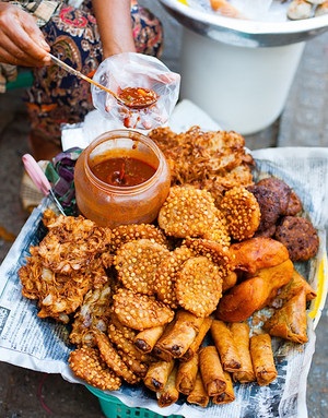 Deep-fried snacks for sale on the streets of Yangon.