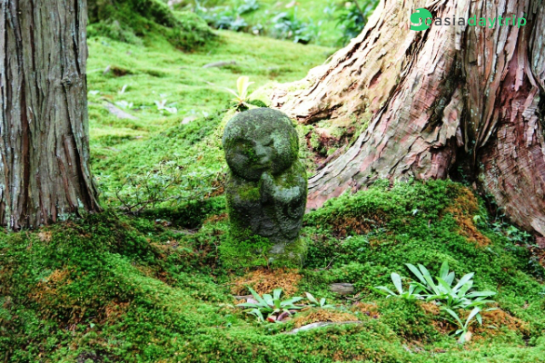 Beautiful ancient statues covered with moss.